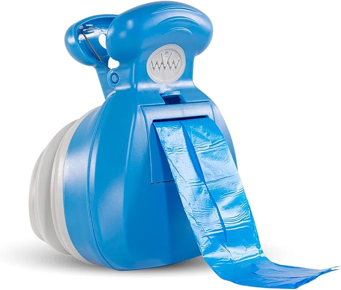 Dog Poop Scoop with Waste Bag Dispenser - BLUE, 10 Refill Bags and Expandable Silicone Body - Compact Portable Design for Easy Storage by Fuzzy Fusion (A Grand Fusion Company) (Blue)