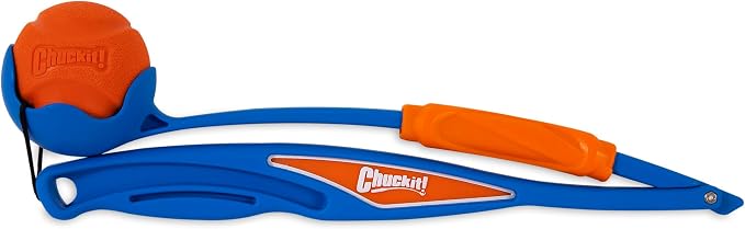 Chuckit! Fetch and Fold Mini 18M Launcher with Medium 2.5in Ball | Folding Locking-Slide Launcher with Bungee Tether for Easy Storage, Throws Farther for Dogs 20 to 60 lbs