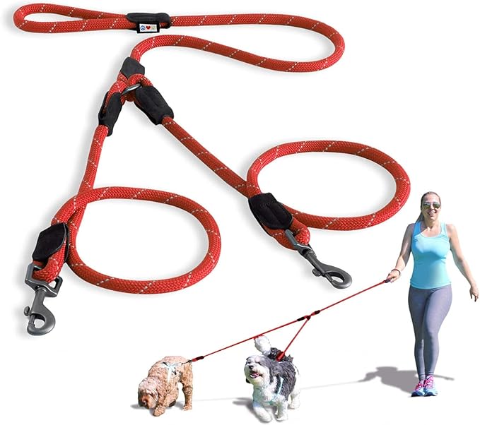 Pawtitas Double Leash for Two Dogs Great for Walking & Training Comfortable Shock Absorbing Reflective Pet Rope Leash for 2 Dogs 6ft - Medium/Large - Red