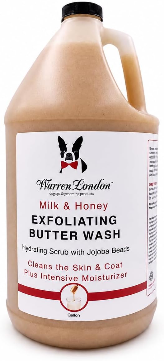 Warren London Exfoliating Butter Wash – Milk & Honey Dog Shampoo, 1-Gallon Pro Size | Cleans, Exfoliates & Deep-Conditions | Jojoba Beads Remove Dandruff & Itch | Dilutable, Non-Oily Shine | USA Made