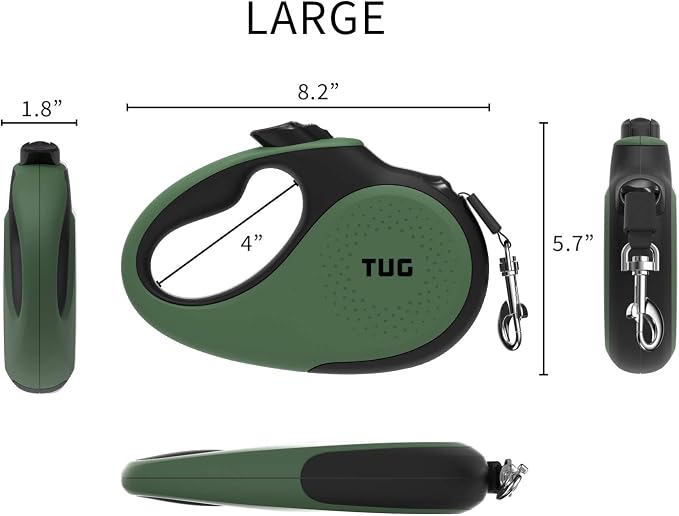 TUG Original Retractable Dog Leash, 16 ft (Large, Green) | 360° Tangle-Free Retraction, 16 ft Tape, Quick Thumb Lock, Anti-Slip Handle, For Dogs Under 110 lbs