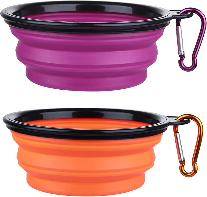 Dog Bowl Collapsible, 2 Pack, with Carabiners, Small, Orange+Purple