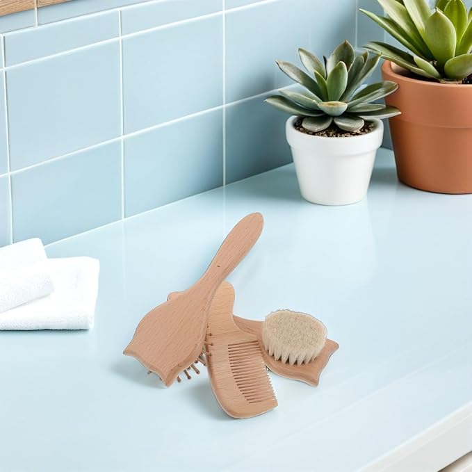BELLIFFY 3pcs Brush and Comb Set for Gentle Care and Calming Massage Includes Wool Cat Head Brush Cat Airbag Detangle Comb for Bathing and Hair Cleaning