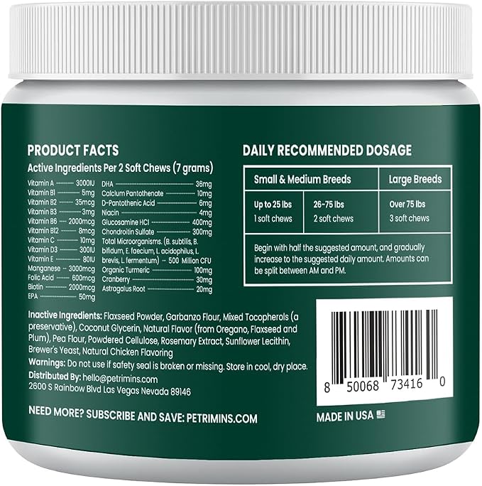23-in-1 Dog Vitamins Supplements, Multivitamin Treats for Dogs with Glucosamine & Omega-3, Comprehensive Support for Hip & Joint, Digestion, Immune Health, Skin, Heart - 90ct, Chicken