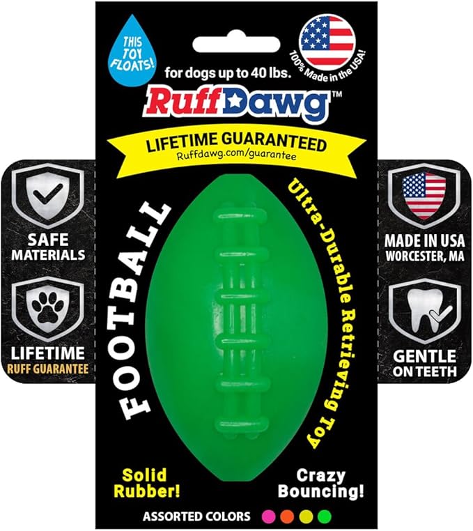 Ruff Dawg Indestructible Football Medium 4” 1pc Color Varies – Heavy-Duty Solid Rubber Dog Fetch Toy for Dogs Up to 40 lbs – Floats & Crazy Bounce – Made in USA