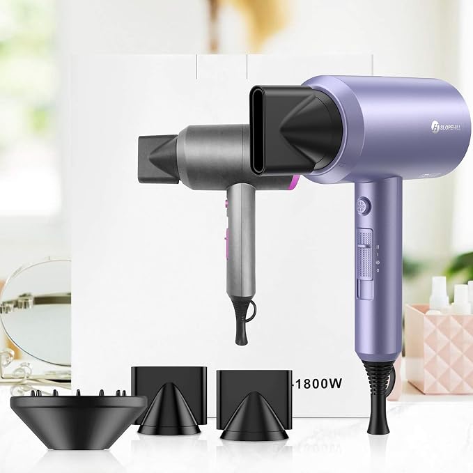 slopehill Professional Ionic Hair Dryer, Lavender | 1800W Fast Drying, Low Noise, 2 Concentrator Nozzles, 1 Diffuser Attachment