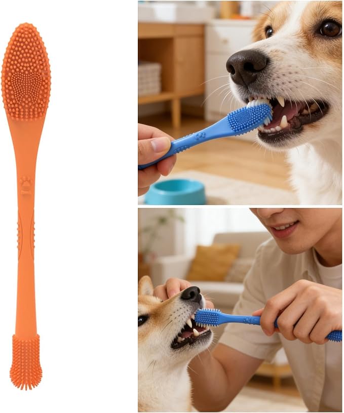 Pet Toothbrush Silicone Double Headed 360 Degree Cleaning Soft Bristles Easy to Handle Ergonomic Grip Suitable for Dog Home Use, Orange