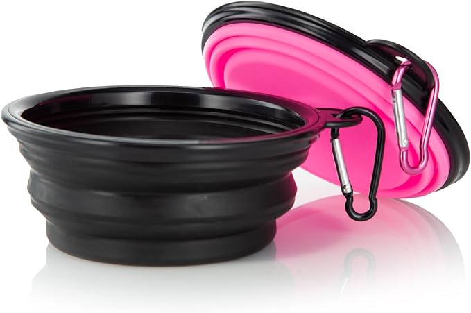 Dog Bowl Collapsible, 2 Pack, with Carabiners, Small, Black & Pink