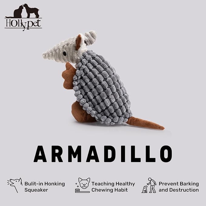Hollypet Armadillo Squeaky Puppy Dog Toys for Small Medium Dogs, 8" | plush stuffed small dog squeak animal toy with unique grunt squeaker textured fabric for teeth cleaning toys