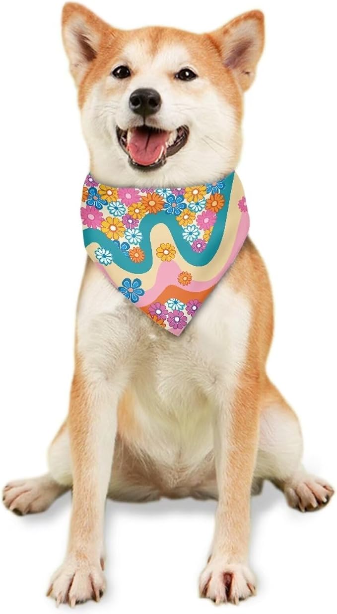 Forchrinse Hippie Flower Dog Bandanas Triangle Dog Bib Scarf Washable Pet Bandana Dog Kerchief, One Size, 1-Pack, Polyester, Hippie Floral Printed