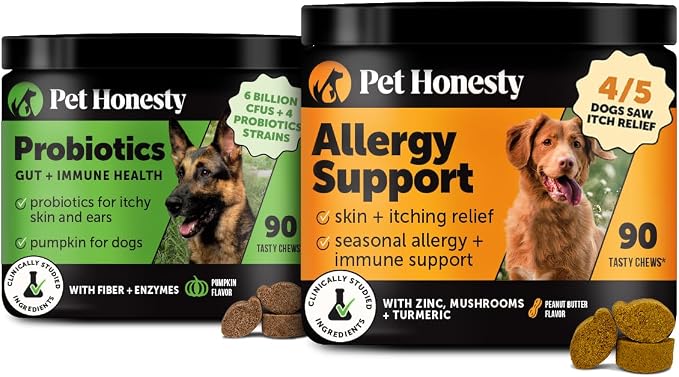 Digestive Probiotics for Dogs + Allergy Support Soft Chew Supplement Virtual Bundle - Probiotics, Digestive Enzymes, Salmon Oil and Omega 3 Fish Oil, Itch Relief for Dogs, Coat and Skin Health