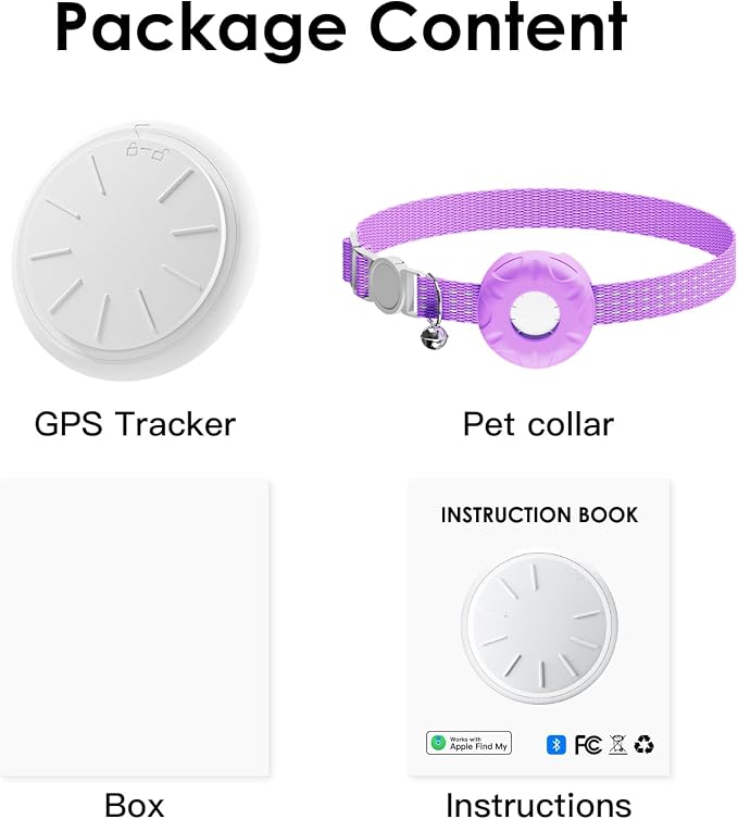 Cat Tracker, Lightweight GPS Tracker, Compatible with Apple Find My App(Only iOS), Waterproof Cat Trackers Collar with Bell and Safety Elastic Buckle, Real-Time Location Pet Tracker, Purple