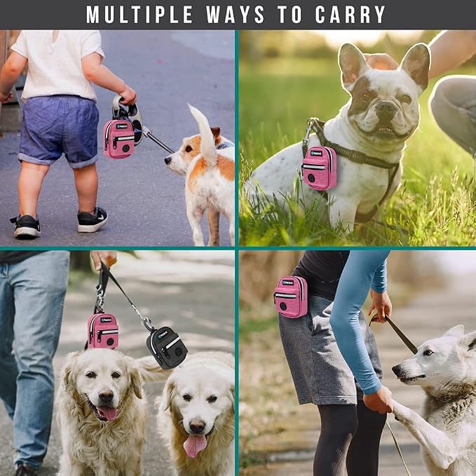 PetAmi Dog Poop Bag Holder For Leash, Dog Pet Waste Bag Dispenser For Poop With Clip For Doggie Puppy Walking Accessories Travel Camping, Dog Treat Pouch Supplies, Pink