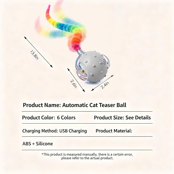 Automatic Chirping Cat Ball, 3 Interchangeable Tails for Indoor Cats, Gray | Self-moving interactive cat toy, entertains bored kittens, automatic self-play enrichment for indoor cats