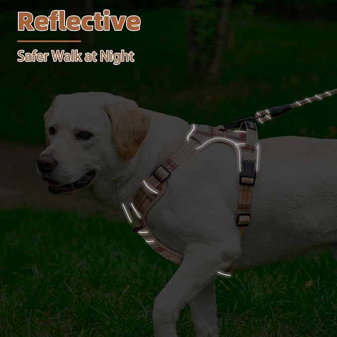 PUPTECK No Pull Dog Harness Medium Sized, Adjustable Reflective Dog Harness with Handle Easy Control, Comfortable Soft Padded Pet Vest Harness for Medium Dogs, Plaid Beige M