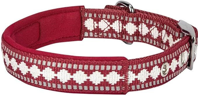 Blueberry Pet Reflective Jacquard Dog Collar with Neoprene Padding & Metal Buckle | Soft & Adjustable Safety Collar - Marsala Red, Neck 9-12.5", for Small Breed