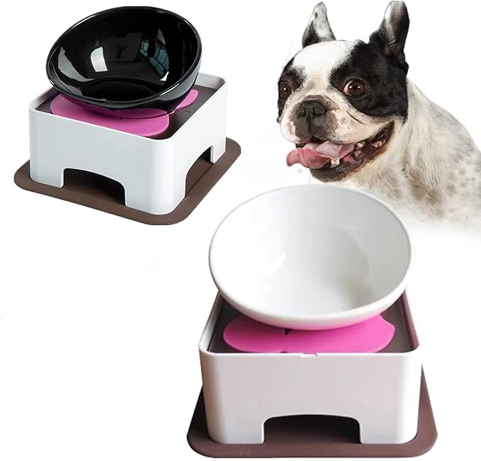 Bulldog Bowl Anti-Slip Dog Cat Dish Detachable Dog Bowls Pet Sterile Tilted Pet Feeder Slope Base (Black,Ceramic - 1.5 Cup