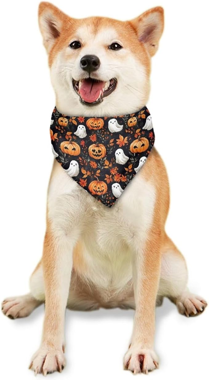 Jeiento Halloween Ghost Pumpkin Dog Bandanas Party Supplies Reversible Black Pet Scarf for Boy, Polyester, Black