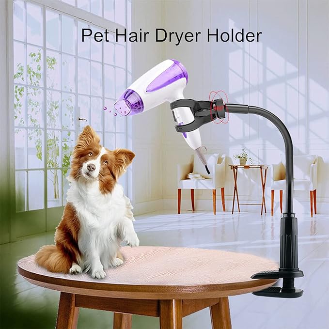 Dog Hair Dryer Stand, Pet Grooming Table Hair Dryer Holder, Hands Free Blow Dryer Holder, 360 Degrees Rotatable Lazy Hair Dryer Stand with Adjustable Clamp Mount for Dog Cat Grooming