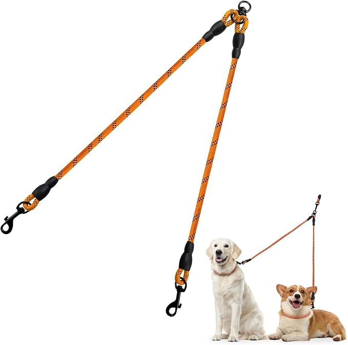 Taglory Double Dog Leash Coupler for Two Dogs, 1/3" Lightweight Dual Leash Extension for Small and Medium Dogs, No Tangle 360° Swivel, Reflective Rope, 30 Inch, Orange