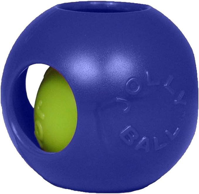 Jolly Pets Teaser Ball Interactive Dog Toy, 4.5 in Small, Blue | Ball-within-a-ball puzzle toy that floats - add peanut butter to the inner ball for extra fun