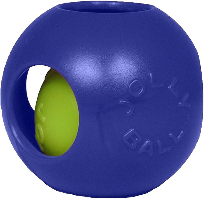Jolly Pets Teaser Ball Interactive Dog Toy, 10 in XL, Blue | Ball-within-a-ball puzzle toy that floats - add peanut butter to the inner ball for extra fun