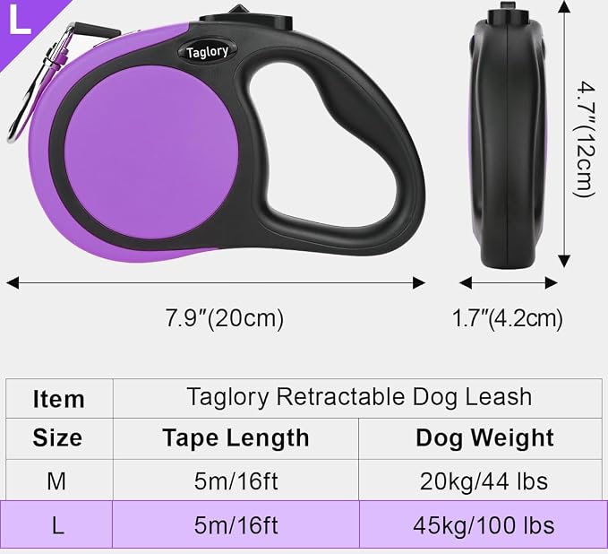 Taglory Retractable Dog Leash, One-Handed Brake, 16ft, Up to 44 lbs, Purple | More Freedom While Staying in Control, Smooth Retraction, Tangle-Free Design, Easy-Grip Handle, Daily Neighborhood Walks