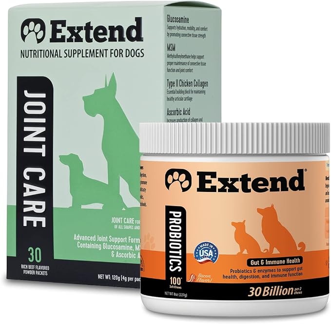 Extend Dog Joint Care Supplement (30 Count) + Probiotics Soft Chews (100 Count) | with Glucosamine, MSM, Type II Collagen Supports Hip, Joint, Gut & Immune Health - Made in USA