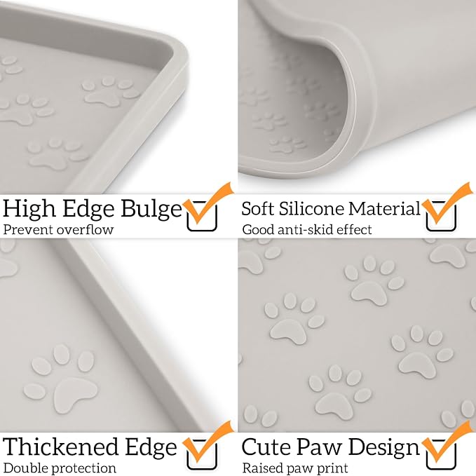 Ptlom Dog Food Mat Anti-Slip Pet Bowl Mats for Food and Water, High-Lips Pet Placemat Prevent Messy Spills to Floor, Waterproof Puppy Feeding Tray for Small, Medium Large Dogs Cats, Silicone