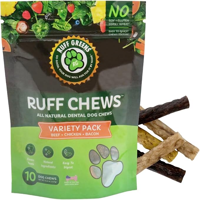 Ruff Greens Ruff Chews Variety Pack – 10 Count | Natural Digestible Rawhide Dog Treats with Vitamins, Minerals, Probiotics & Omega Oils | Dental Treats to Clean Teeth & Support Gut & Immune Health