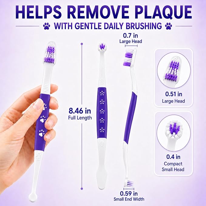 Dog Toothbrush, Dual-Head, for Medium-Large Dogs, Purple | Soft Bristles for Gentle Cleaning, 60° Curved Bristles for Better Coverage, Comfortable for Sensitive Gums