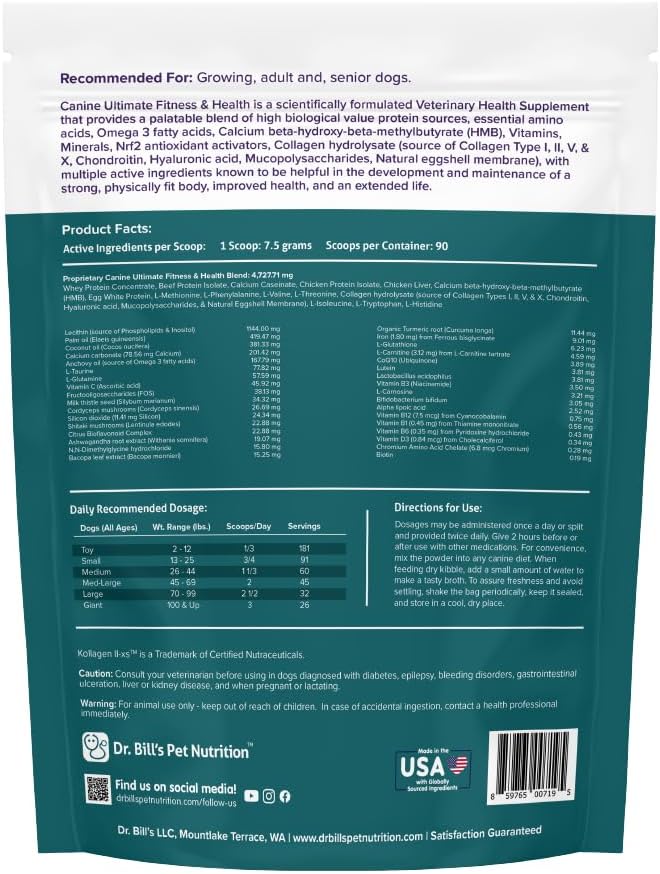 Dr. Bill’s Canine Ultimate Fitness & Health – Daily Dog Multivitamin for Energy, Longevity & Whole-Body Support - Vet Supplement to Help Fill Nutritional Gaps - Skin, Coat, Heart & Brain Health 680g