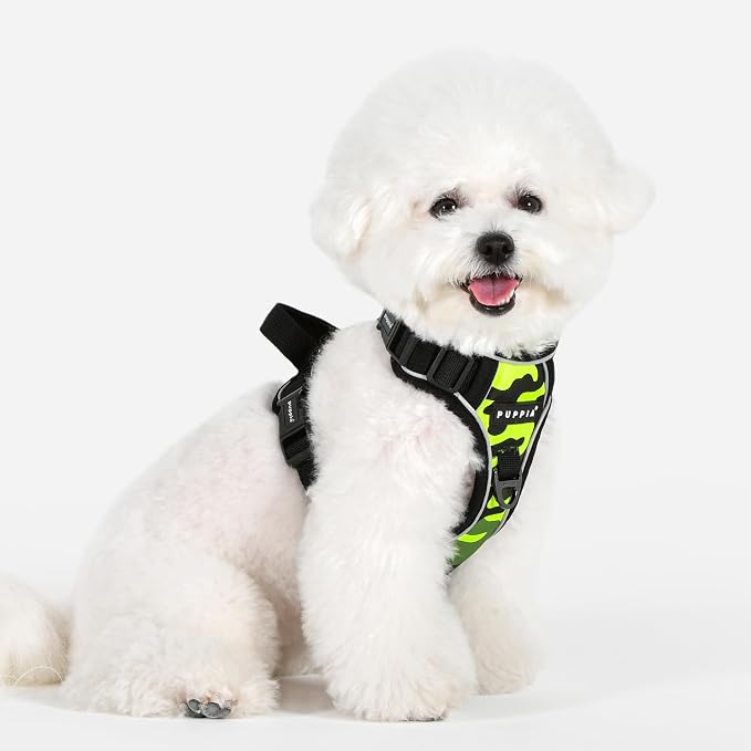 Puppia Battle Dog Harness H Sturdy Adjustable Neck and Chest Reflective Camouflage Pattern Front and Back D-Ring for Small and Medium Dogs, Green, X-Large