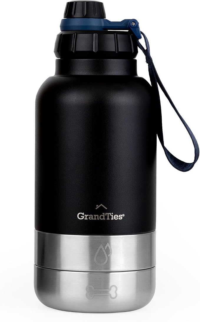 GrandTies Insulated Portable Dog Water Bottle with 2 Detachable Bowls, 32oz, Matte Black