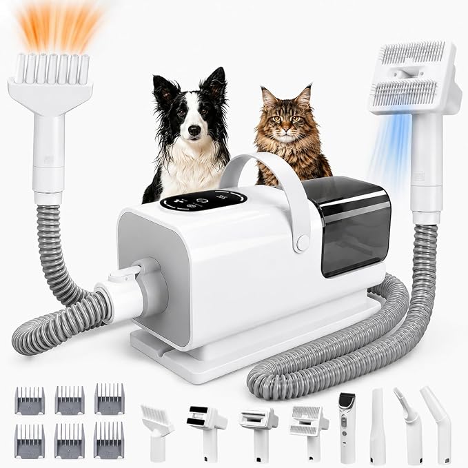 8-in-1 Dog Vacuum & Dryer Grooming Kit with Clipper, 3-Level Adjustable Speed & Temp,12000Pa Dog Vacuum for Shedding Grooming, 2.2L Dust Cup, 4.9ft Hose