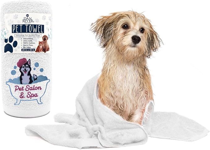 DAN RIVER Dog Towel - Pack of 1, 100% Cotton, 20x40, Ultra Soft 450 GSM, Super Absorbent & Quick Drying Towel for Dogs, Cats, and Other Pets, White Pet.