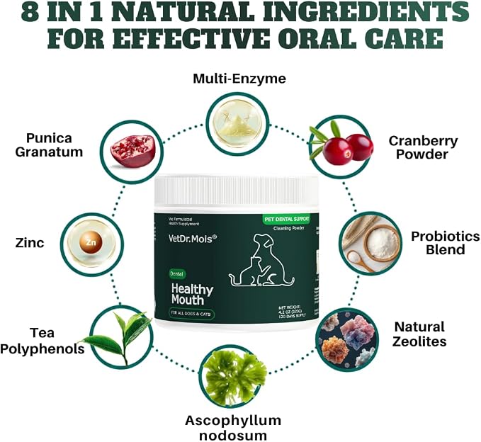Dog Teeth Cleaning Powder, Dog Dental Powder and Cats Breath Freshener, Plaque Off Pet Tooth Cleaning lab co, Bad Breath & Tartar Remover for Dogs, Dog Teeth Cleaning with Enzymes 120 Day Supply, 120g