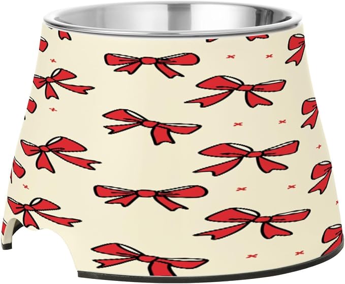Blueangle Elevated Dog Bowls with Stainless Steel - Non-Slip 2.3 Cup High Capacity Pet Dish for Spinal Health & Red Bows Design（308）