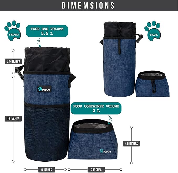 PetAmi Travel Dog Food Bag with Collapsible Bowls Set, Navy & Gray