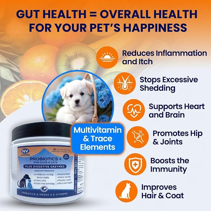 Freeze-Dried Probiotics for Dogs - Support Gut Health, Itchy Skin, Allergy, Immunity, Yeast Balance - Plus Digestive Enzymes, Omega-3, Zinc & Prebiotics - Reduce Diarrhea, Gas - (Chicken, 120 Chews)