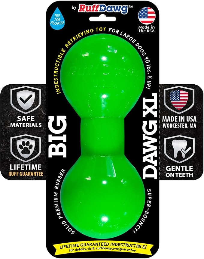 Ruff Dawg Big Dawg Barbell XL Green – Heavy-Duty Solid Rubber Dog Chew Toy for Medium to Large Dogs 40 lbs & Up – Floats & Bounces – Made in USA