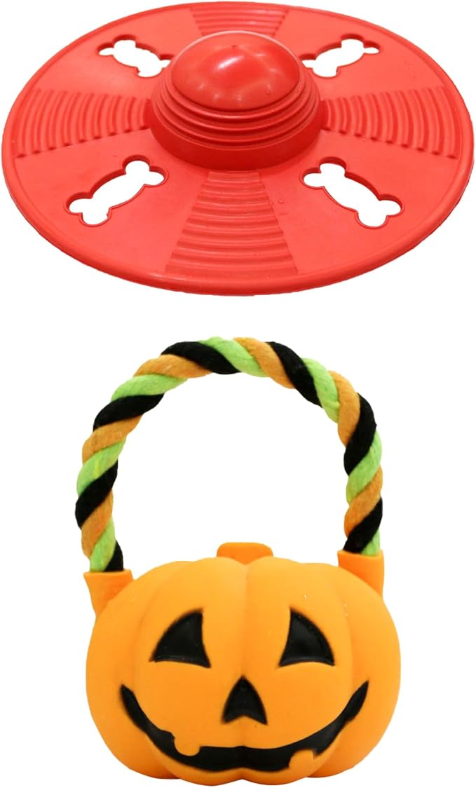 Deeow Squeaky Natural Rubber Dog Flying Disc/Frisbee with Orange Ball Gift | Water-float Natural Rubber Dog Frisbee for Outdoor, Spaceship Shaped 6.5'' Squeaky Interactive Fetch Toy for Anxiety Relief