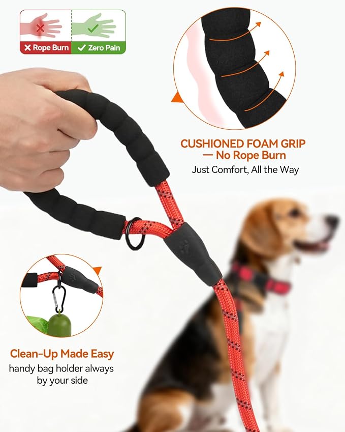 Joytale Rope Dog Leash for Small Dogs, Padded Handle, 5FT, Red | Reinforced Nylon Webbing, Comfort Grip Eases Hand Strain, Swivel Clip Prevents Tangles, Visible at Night, for Outdoor Walks