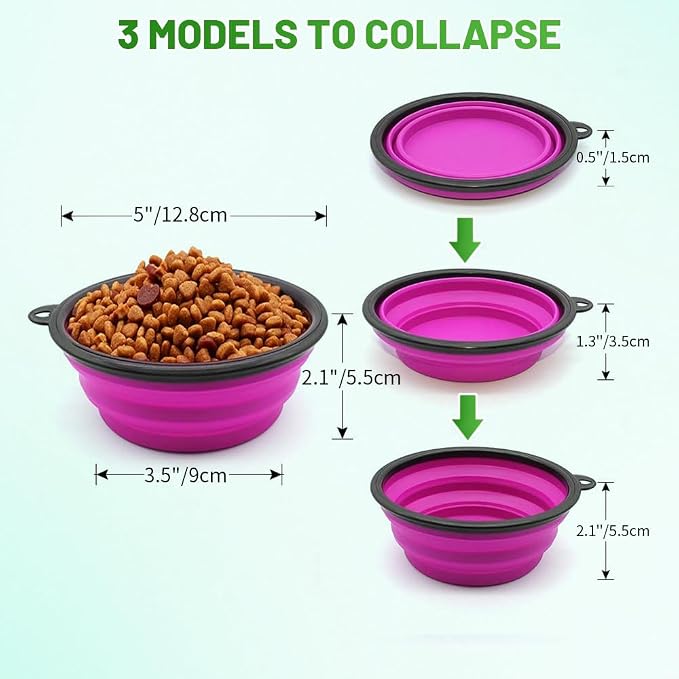 Dog Bowl Collapsible, 2 Pack, with Carabiners, Small, Green+Purple