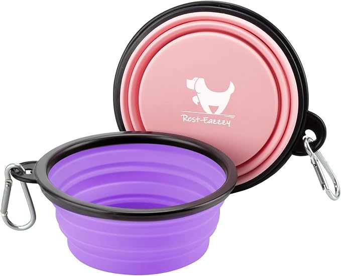 Collapsible Dog Bowls, 2 Pack, with Carabiners, Purple & Pink, Large
