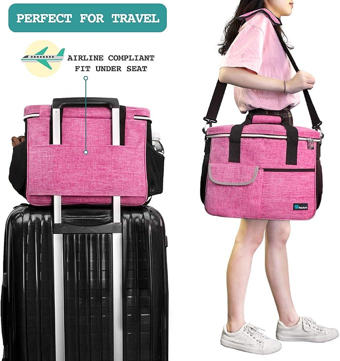 PetAmi Dog Travel Bag Organizer with Food Container & Bowls, Pink, Medium