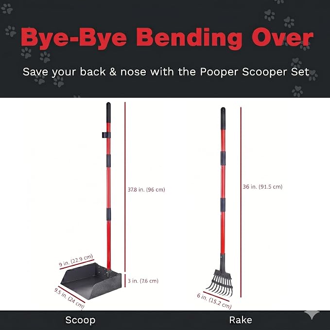 Pawler Pooper Scooper for Large Dogs, Small Dogs and Horses, Metal Poop Scooper Set with Long Handle Rake and Tray for Yard, Grass, Dirt or Gravel, Heavy Duty Aluminum Poop Picker Upper