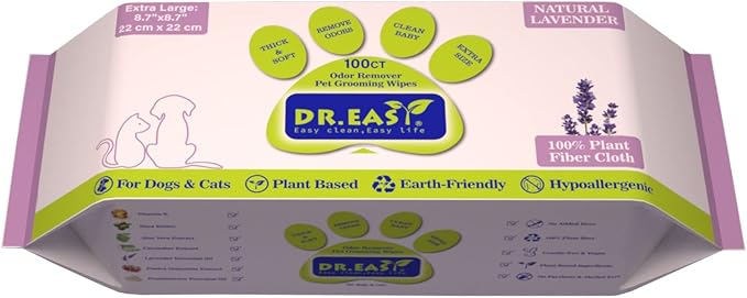 DR.EASY Odor Remover Grooming Wipes, Lavender, 100 Count