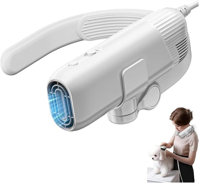 Hands-Free Pet Hair Dryer, High Velocity Brushless Dog Blow Dryer | 3 Adjustable Wind Speeds & Multiple Heat Settings, Low Noise Portable Pet Grooming Blower for Dogs and Cats(White)
