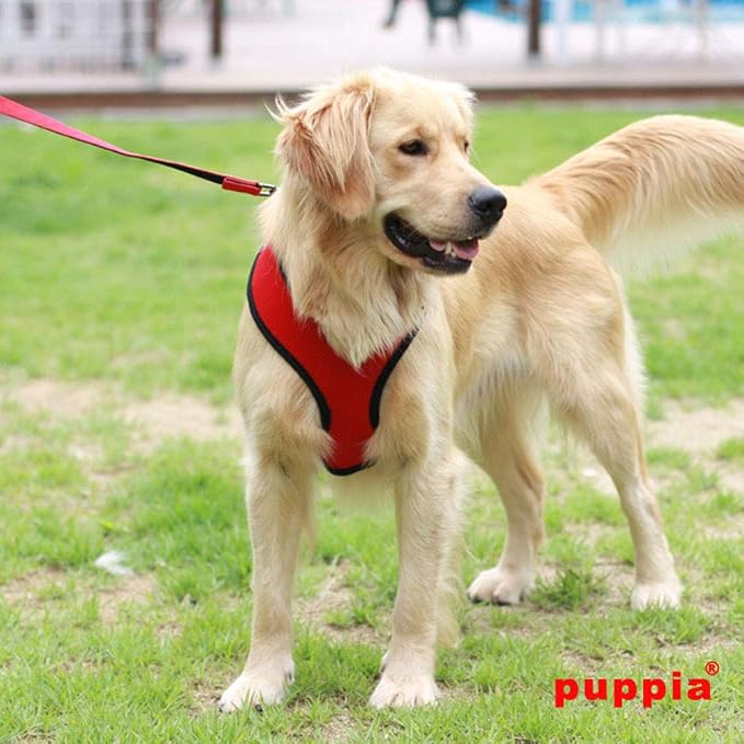 Puppia Soft Dog Harness No Choke Over-The-Head Triple Layered Breathable Mesh Adjustable Chest Belt and Quick-Release Buckle, Red, XX-Large